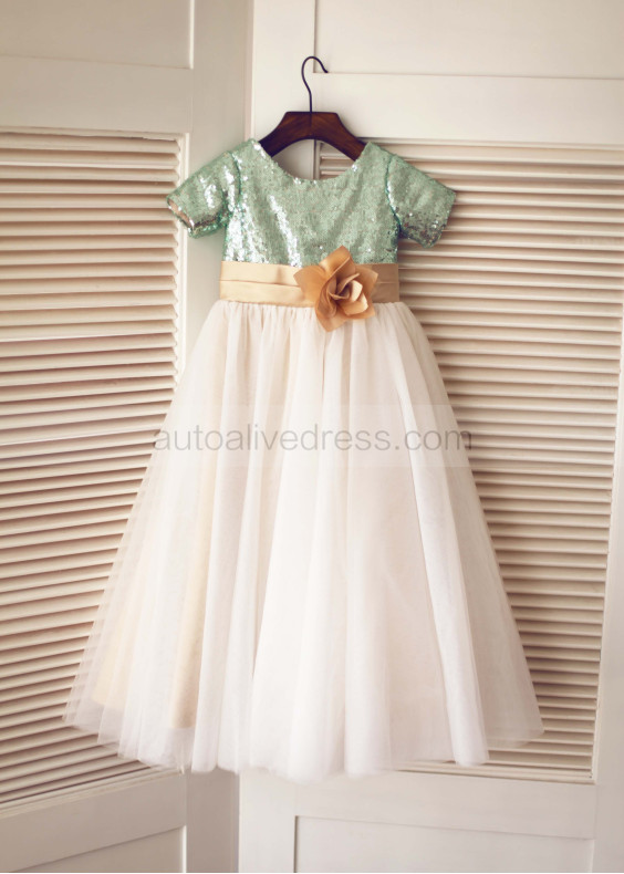 Short Sleeves Mint Sequin Ivory Tulle Floor Length Flower Girl Dress 